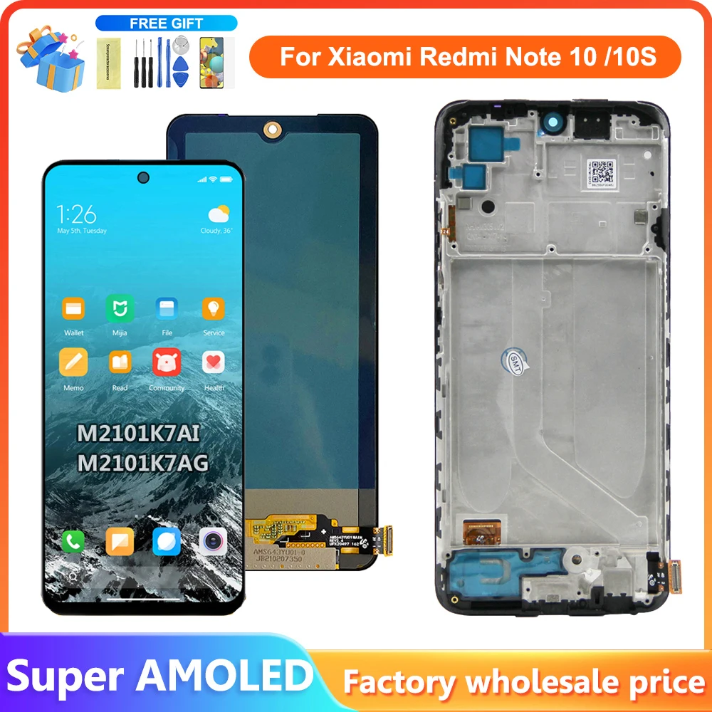 Super AMOLED For Xiaomi Redmi Note 10 4G LCD with Frame M2101K7AG Touch Screen Digitizer For Redmi Note 10S Display M2101K7A