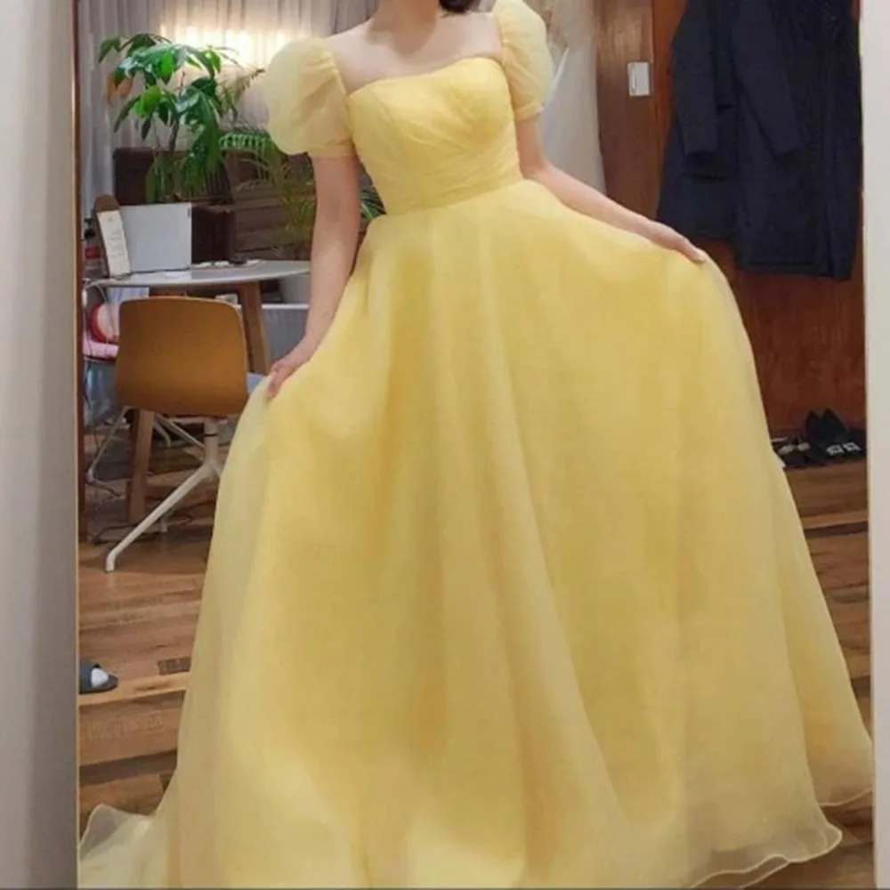 Verngo Simple Light Yellow Tulle Prom Dresses Short Sleeves Square Neck Korea Women Evening Gowns Formal Party Dress Bride