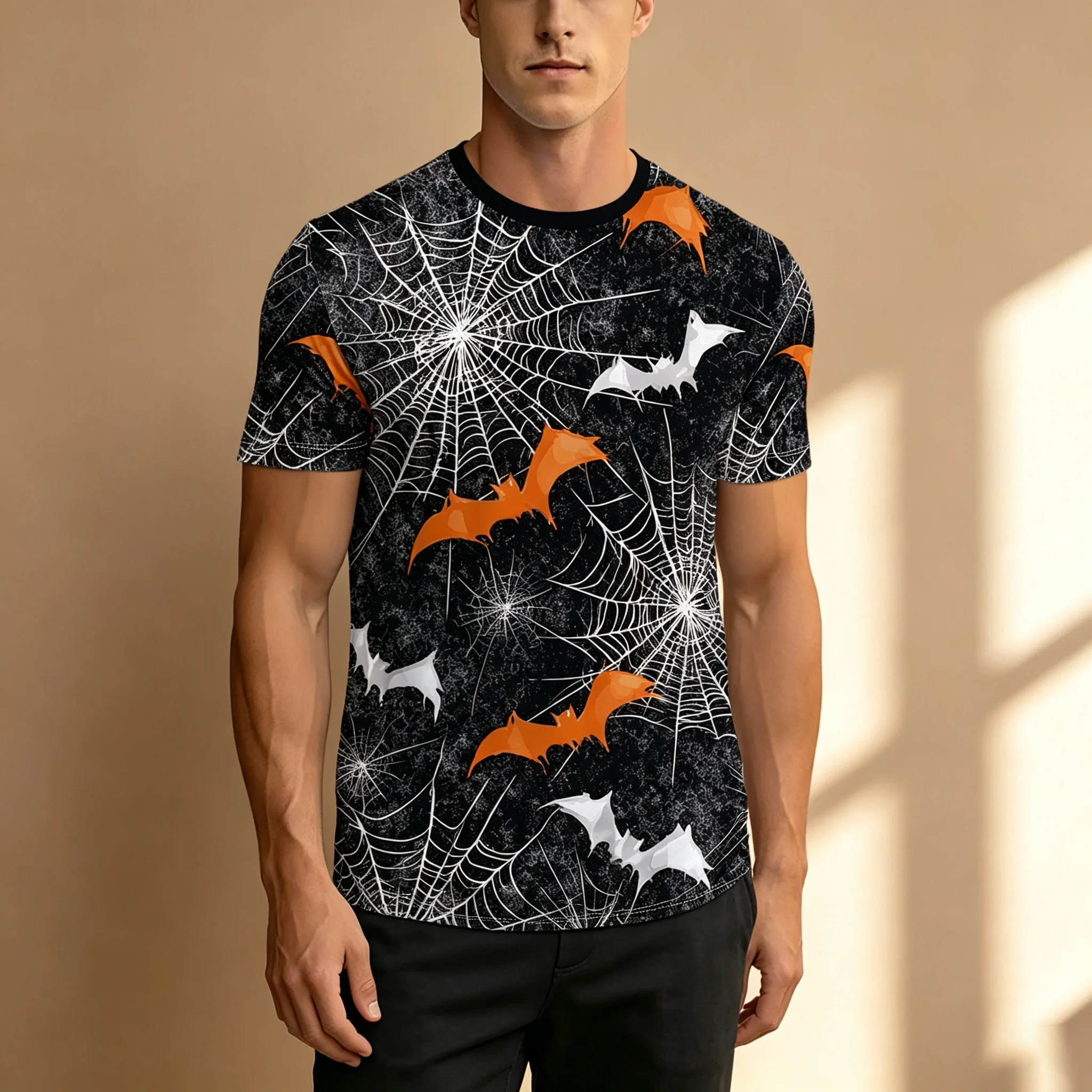 Vintage Spooky Spider Web Bat Full Print Men, Black Background Crewneck Oversized Short Sleeve Tee, Funny Halloween Party Tops