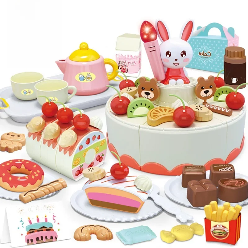 Zabawki na tort urodzinowy dla dzieci bawią się w domu popołudniowa herbata urodziny zestaw imprezowy zabawki kuchenne z lekką muzyką wczesna edukacja — zdjęcie 2