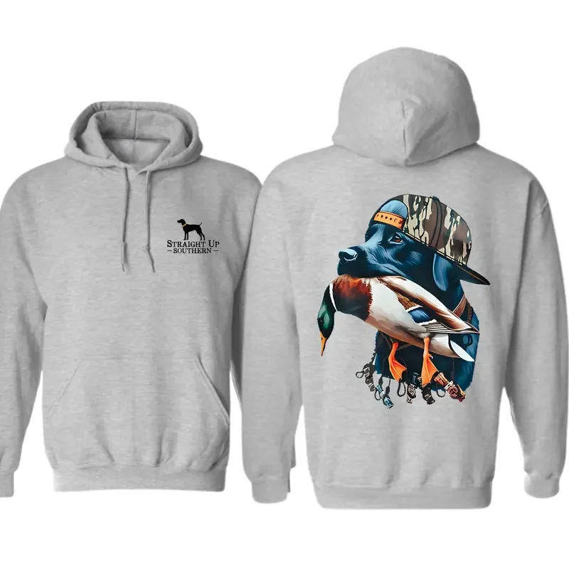 

Смелая черная толстовка унисекс с рисунком охотничьей собаки и утки для улицы и охотников в повседневном стиле с принтом