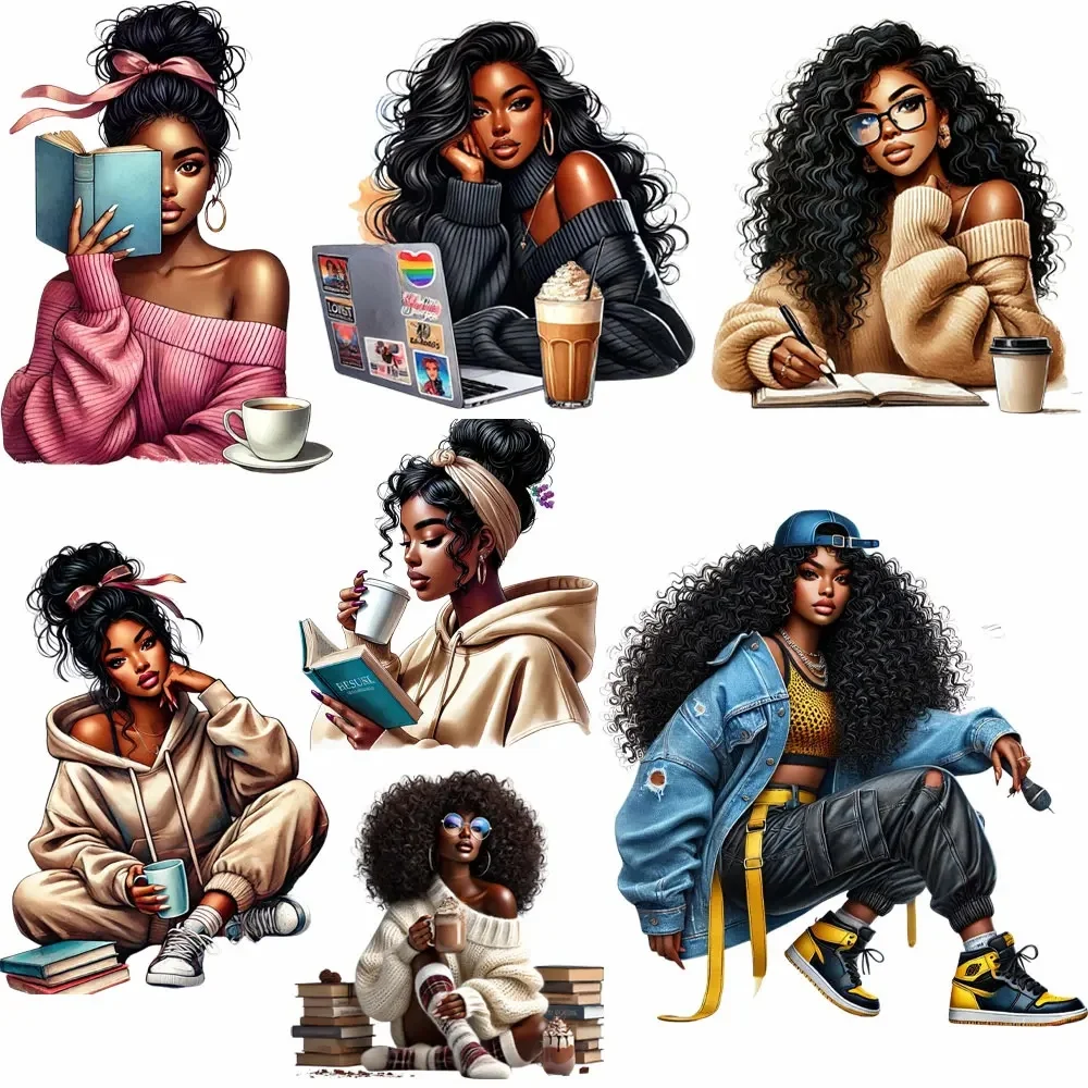 Afro femmes café Patch pour vêtements autocollant pour femmes mode dame livre travail transfert de chaleur bricolage patchs chemise transfert de chaleur