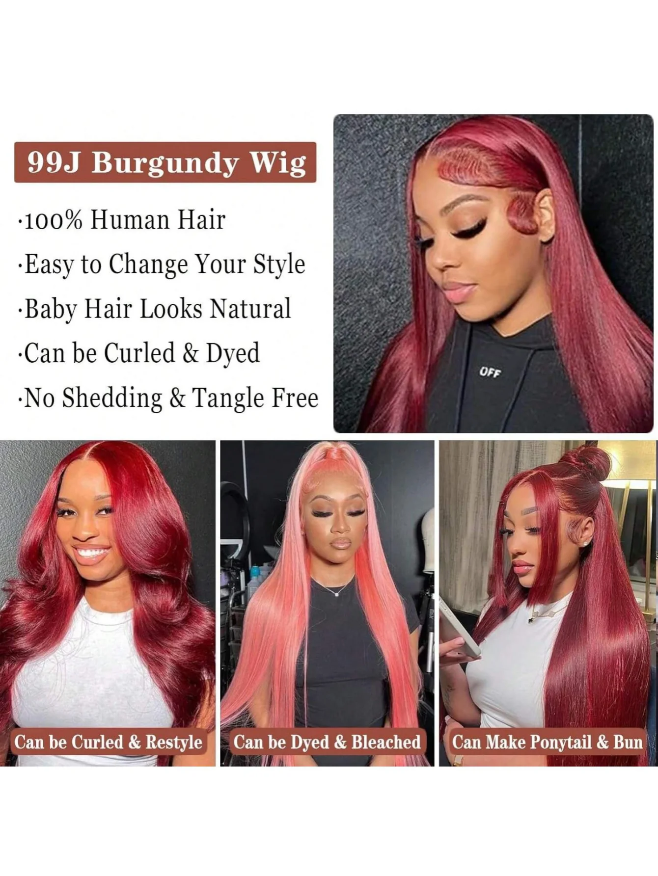 Wig Rambut Asli 26 Inch 99J Burgundy Lace Front Pre Plucked 13X4 HD Transparan Lurus Wig Rambut Asli Lace Front 200% Density