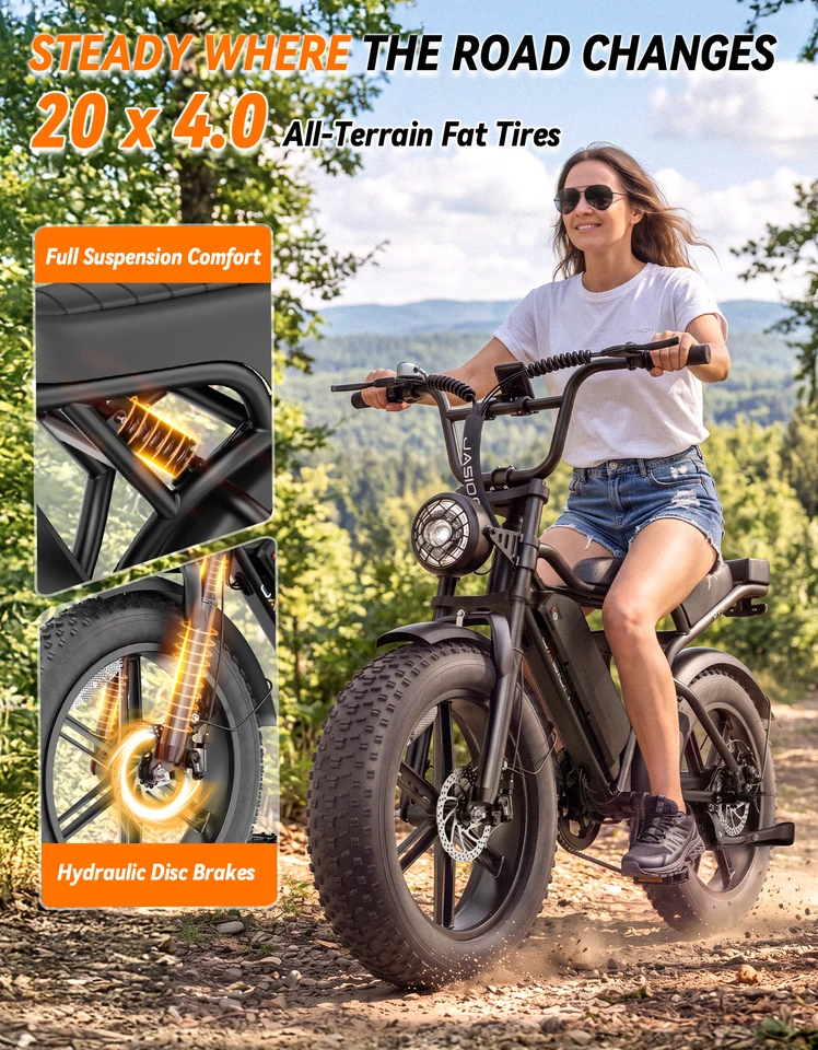Jasion Electric Bike, Fat Tire 48V 15Ah Removable Battery, 5 Riding  Modes & 7-Speed Ebike, Full Suspension, IPX6, for Commuters, Beaches, Weekends image 7