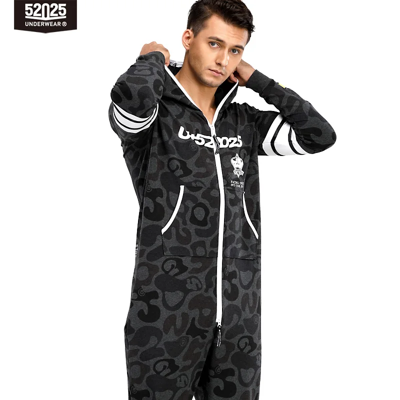 52025 Mens Hooded Jumpsuit One Piece Pajamas Pyjama Cotton Homewear Home Suit Hooded Pajamas Set For Men Onepiece Lounge-Onesie