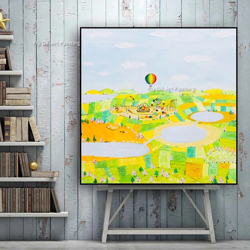 Hot Air Balloon Abtract Oil Painting Light Green Yellow Handmade Overlooking The Scenery Fresh Landsacape Canvas Wall Art Decor