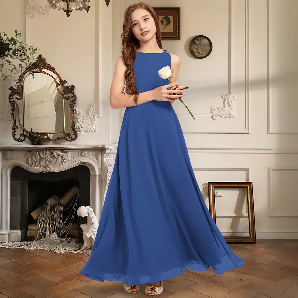 

A Line Scoop Floor Length Chiffon Junior Bridesmaid Dress Sleeveless V Back Bow Flower Girl Dress Wedding Party Formal Occasion