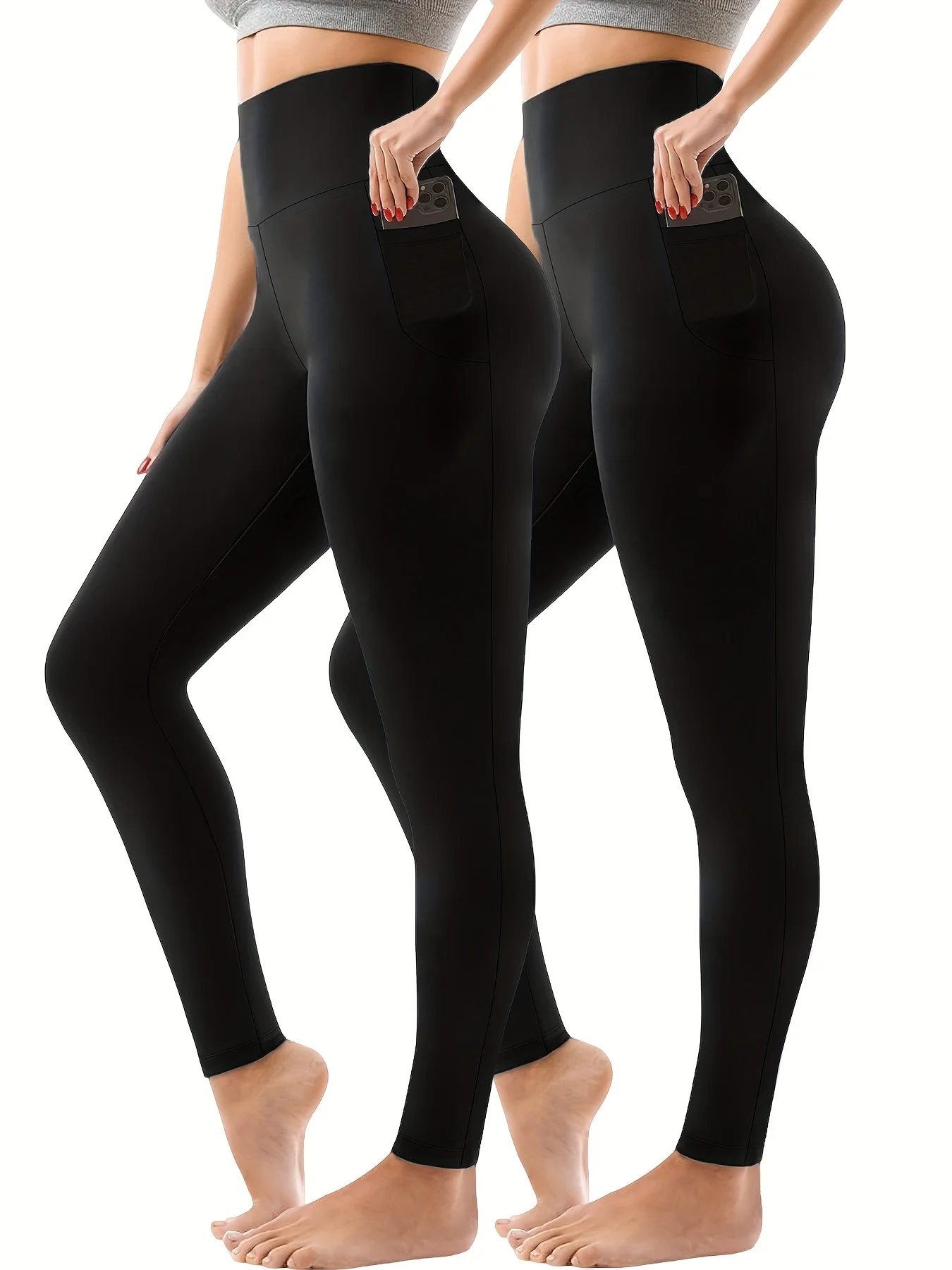 

2-Pack Black Fleece Yoga Pants with Pockets High Waist Stretchable Sports Trousers for Women Hot Sale, Machine washable