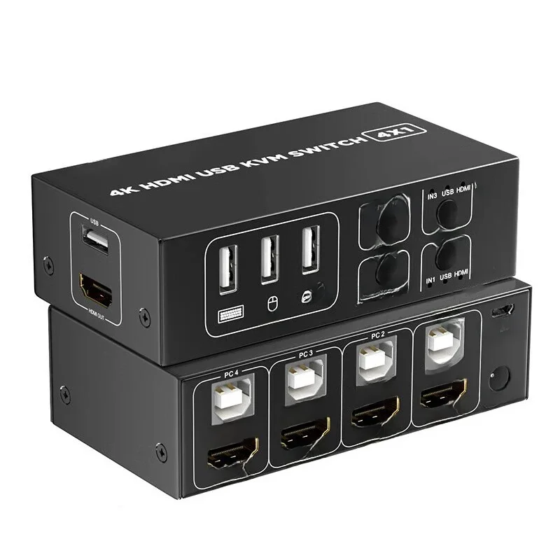 4 Port HDMI KVM Switch 4 in 1 out 4K 60Hz HDMI USB Switch Selector mit Desktop-Controller für 4 PC Share Monitor Maus Tastatur