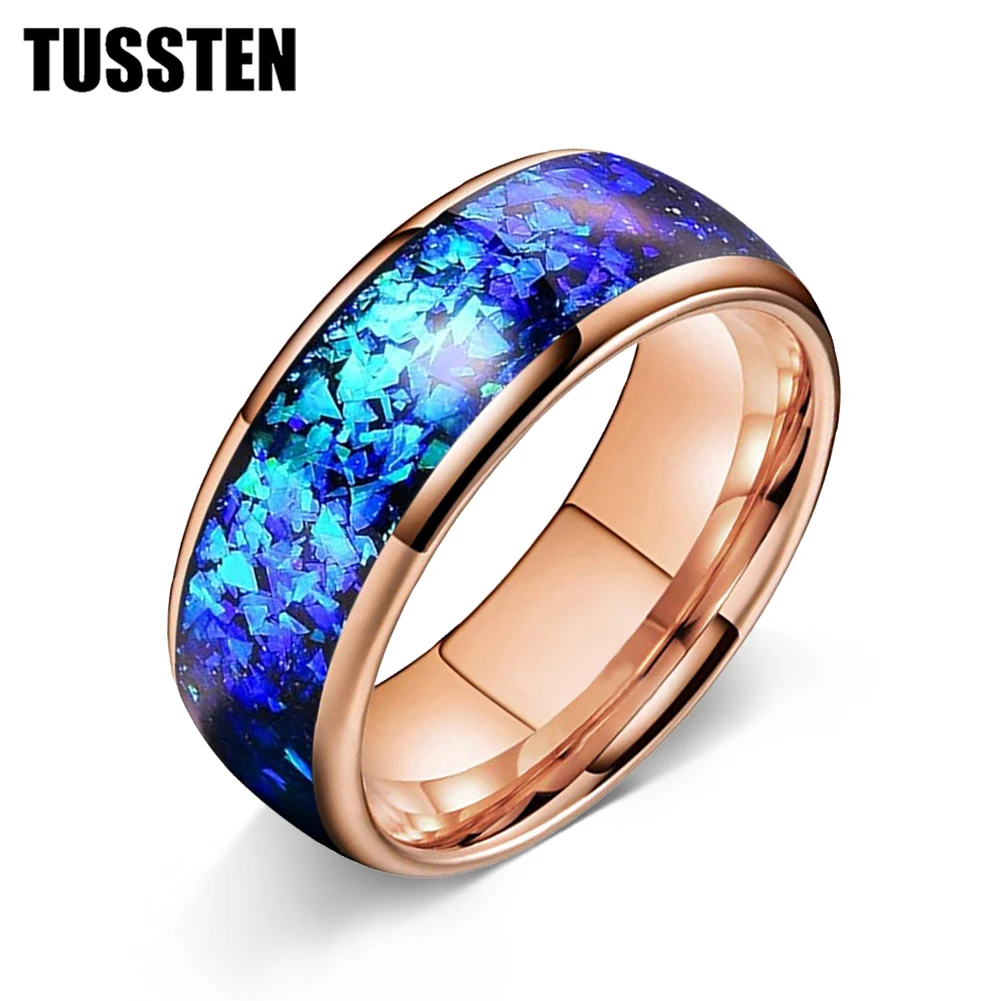 TUSSTEN 남성용 및 여성용 4/6/8mm 텅스텐 카바이드 결혼 반지 빛나는 파란색 조각 약혼 밴드 돔형 광택 반짝임