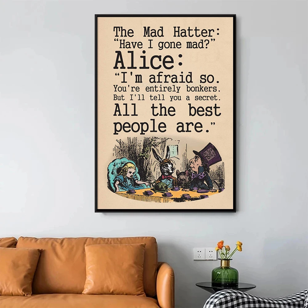 Alice In Wonderland Poster Mad Hatter Tea Party Quotes Canvas Painting Print Classic Vintage Room Home Wall Art Decor Cuadros