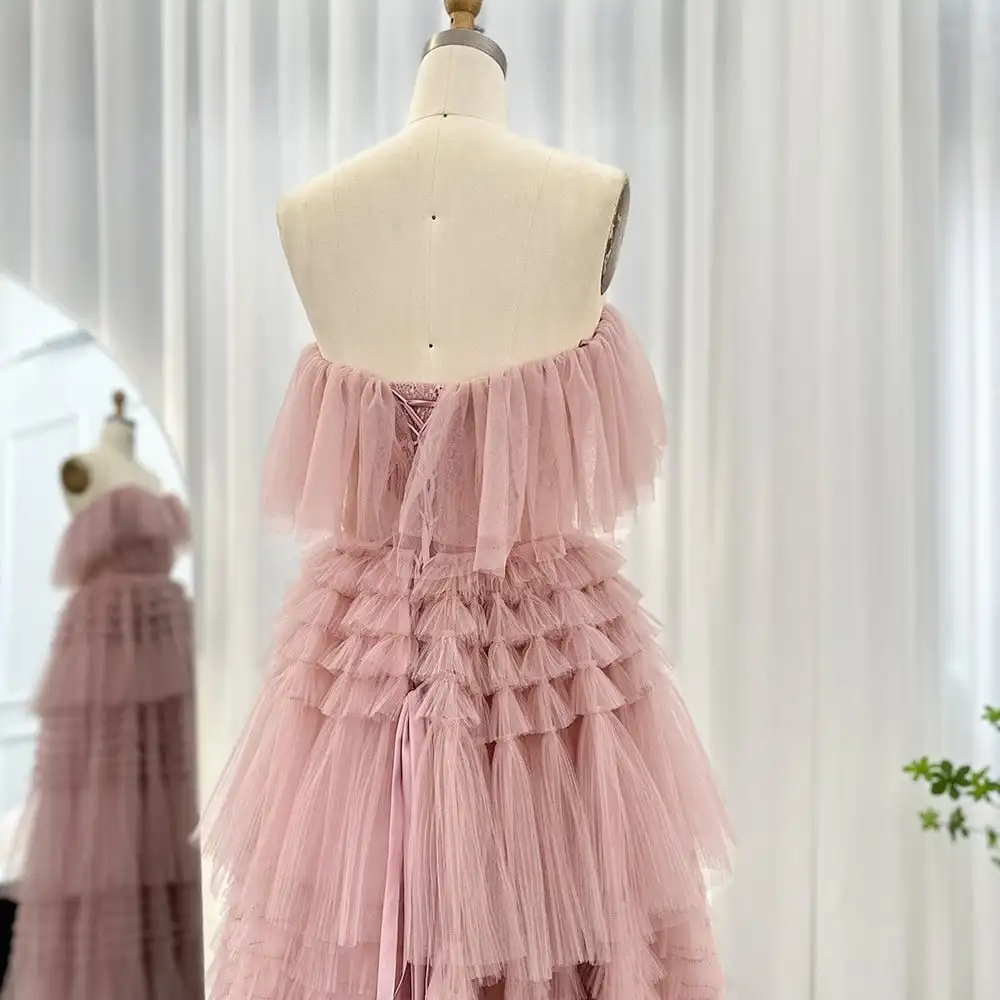 Sexy Strapless Tulle Tiered Evening Dress Gorgeous A Line Blush Pink Princess Sweep Train Prom Dresses vestidos verano moda 2024