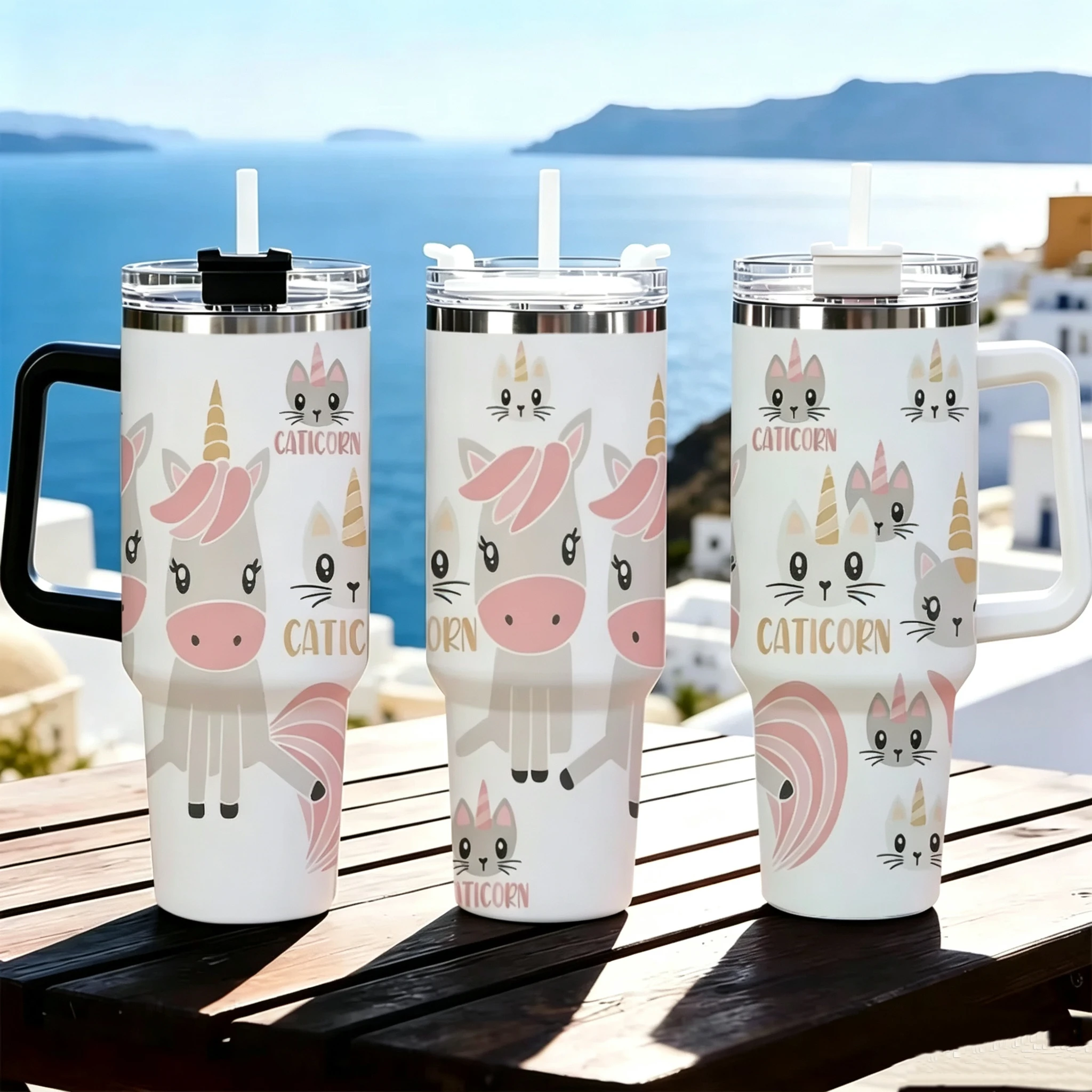40oz Cute Caticorn Tumbler With Handle Straw Lid, Double Wall Vacuum Insulated Stainless Steel Travel Mug, Cartoon Cat Unicorn Print Cup For Car Outdoor Pink handle out of stock. White will be sent by default upon order.