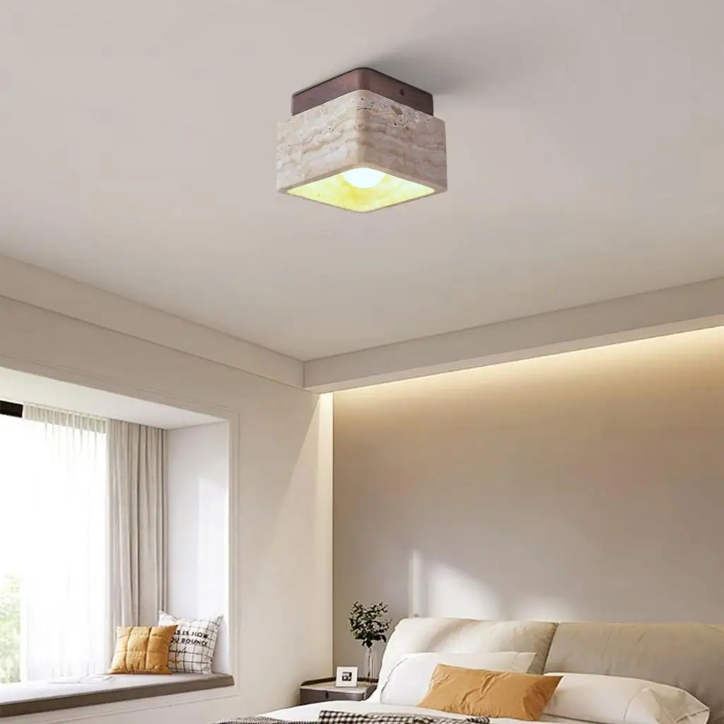 

Square Stone Travertine Ceiling Lamp for Bedroom Corridor Foyer Hallway Staircase Walnut Wood Ceiling Indoor Lighting Fixture