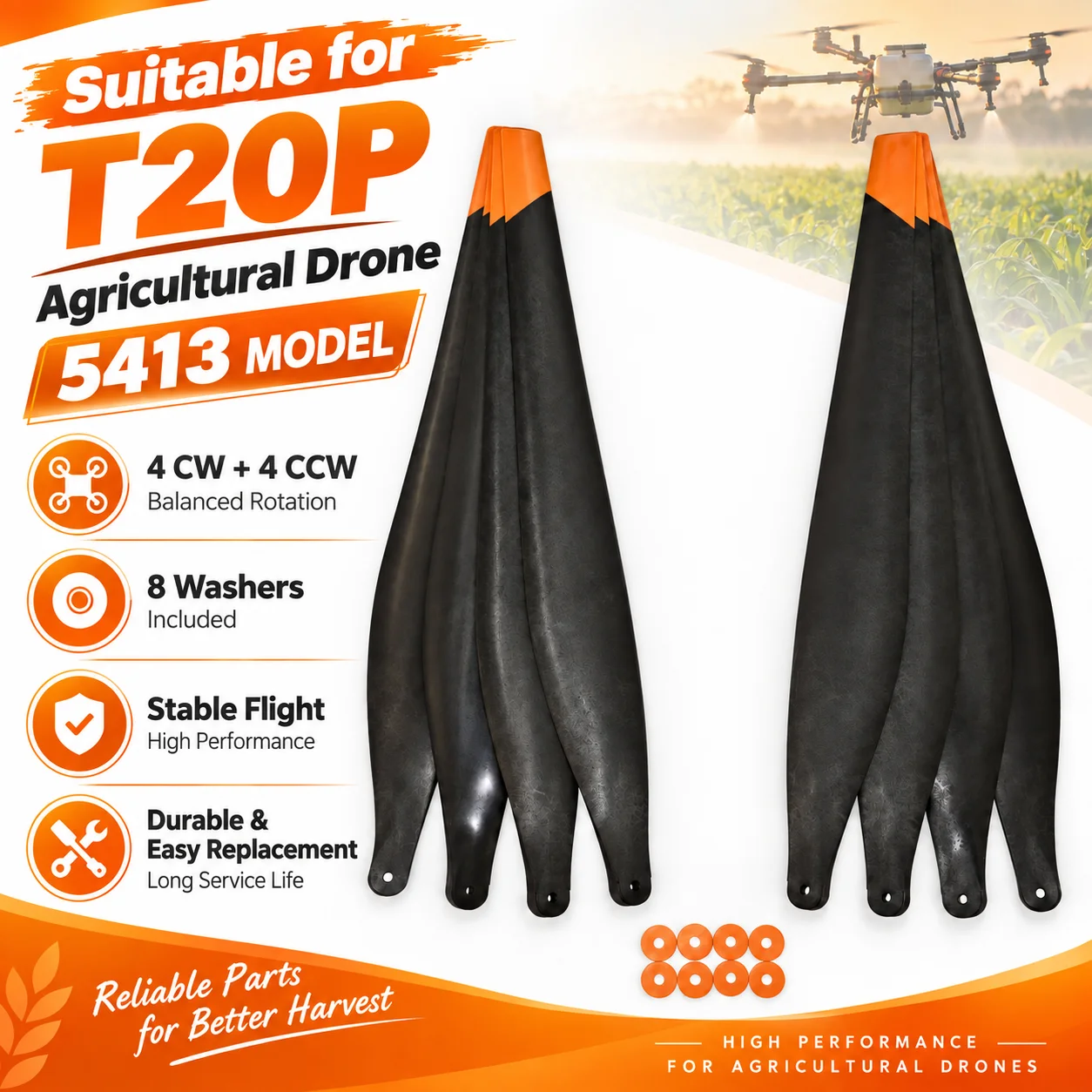 R5413 Propeller Blades for DJI T20P Agricultural Drone, Black Durable Props, Wear & Impact Resistant, Easy Install & Replace