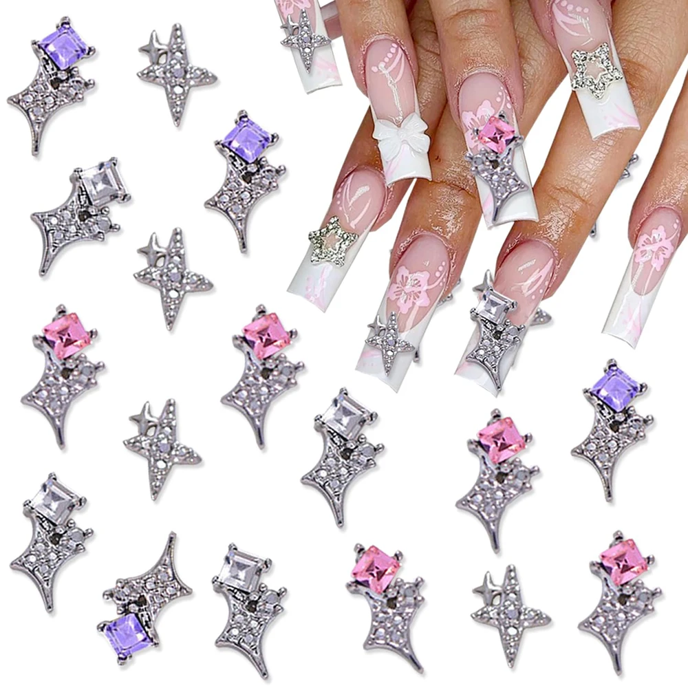 Diamantes de imitación para uñas, 10 piezas, Estrella 3D, aleación Retro, blanco, rosa, estrella de cuatro puntas, decoración artística para uñas, accesorios para uñas DIY