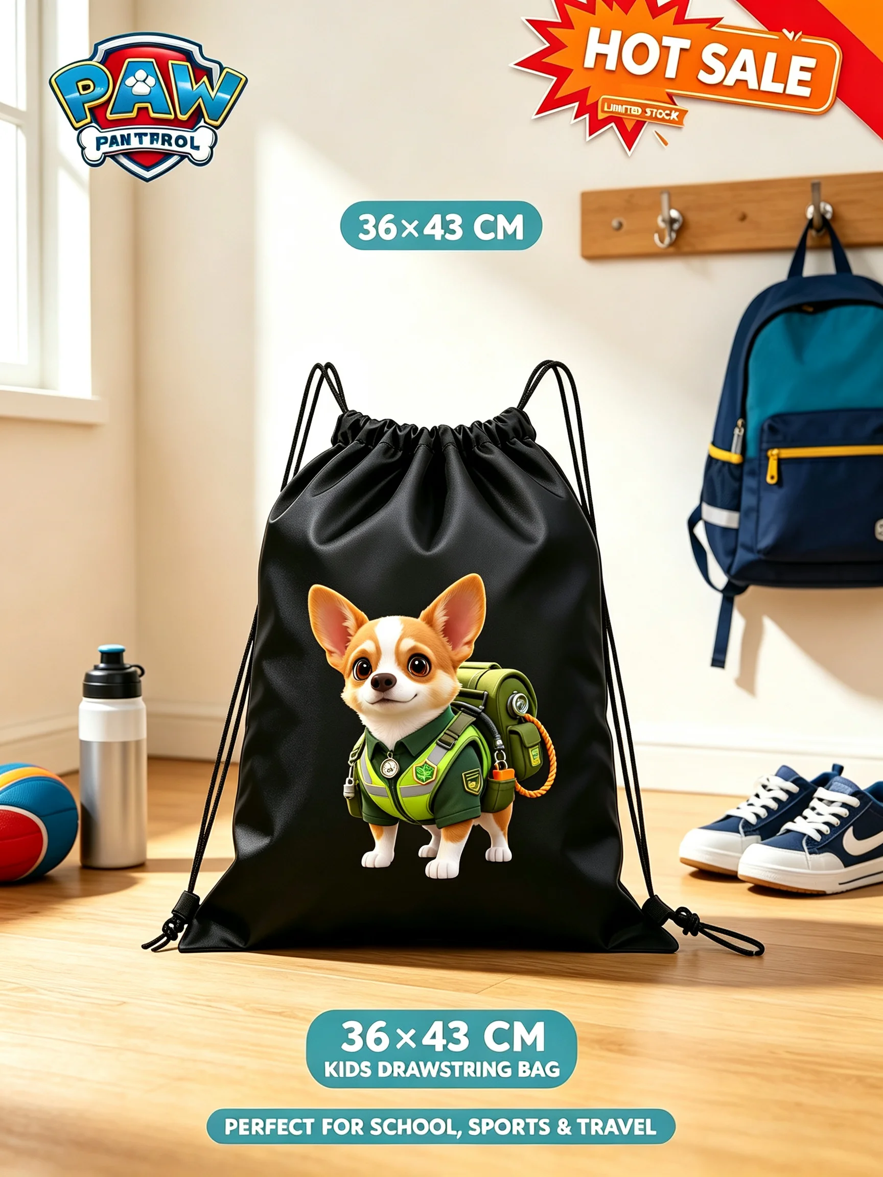 Paw Patrol Tracker Drawstring Backpack Kids Cartoon Theme Polyester Gym Sack Lightweight Portable Storage Bag Nice Present For Young Paw Patrol Fans