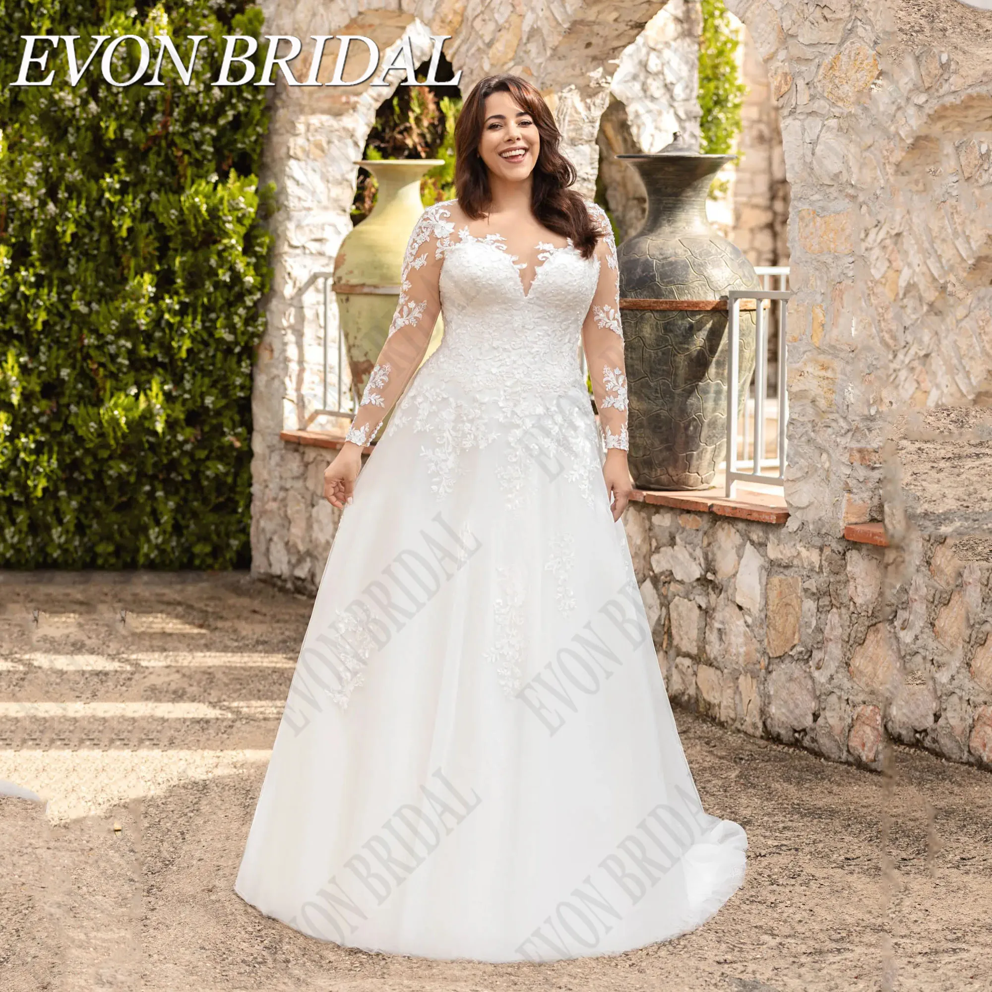 

EVON BRIDAL Plus Size Civil Wedding Dress Long Sleeves Applique Lace Bride Gowns Button Bridal Dresses Women A-Line Tulle