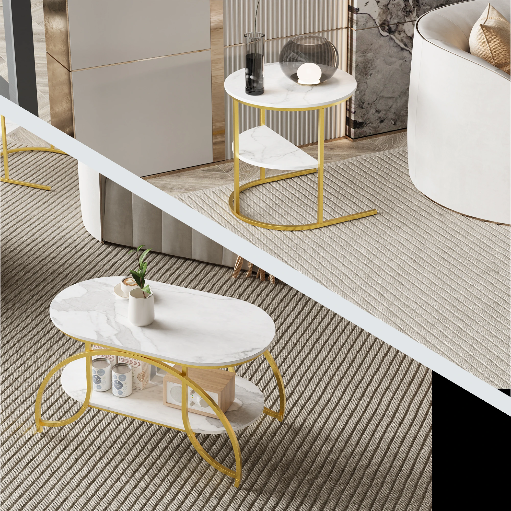 Zweiteiliges Couchtisch-Set, Runde und Ovale Beistelltische, Marmortextur, Metallrahmen, Wohnzimmer-Couchtisch, Stapelbar – Detail 4