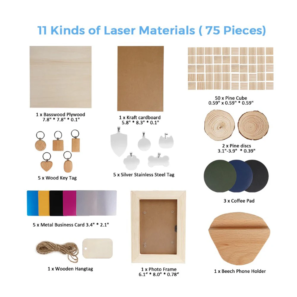 75Pcs Laser Engraving Machine Engraver Material Kit Set Test Piece Metal Pendant Log Plywood Wooden Handicraft Ornament