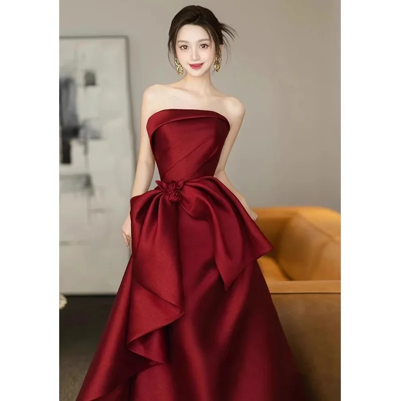 Wine red toast dress bride engagement evening dress petite wedding homecoming satin female