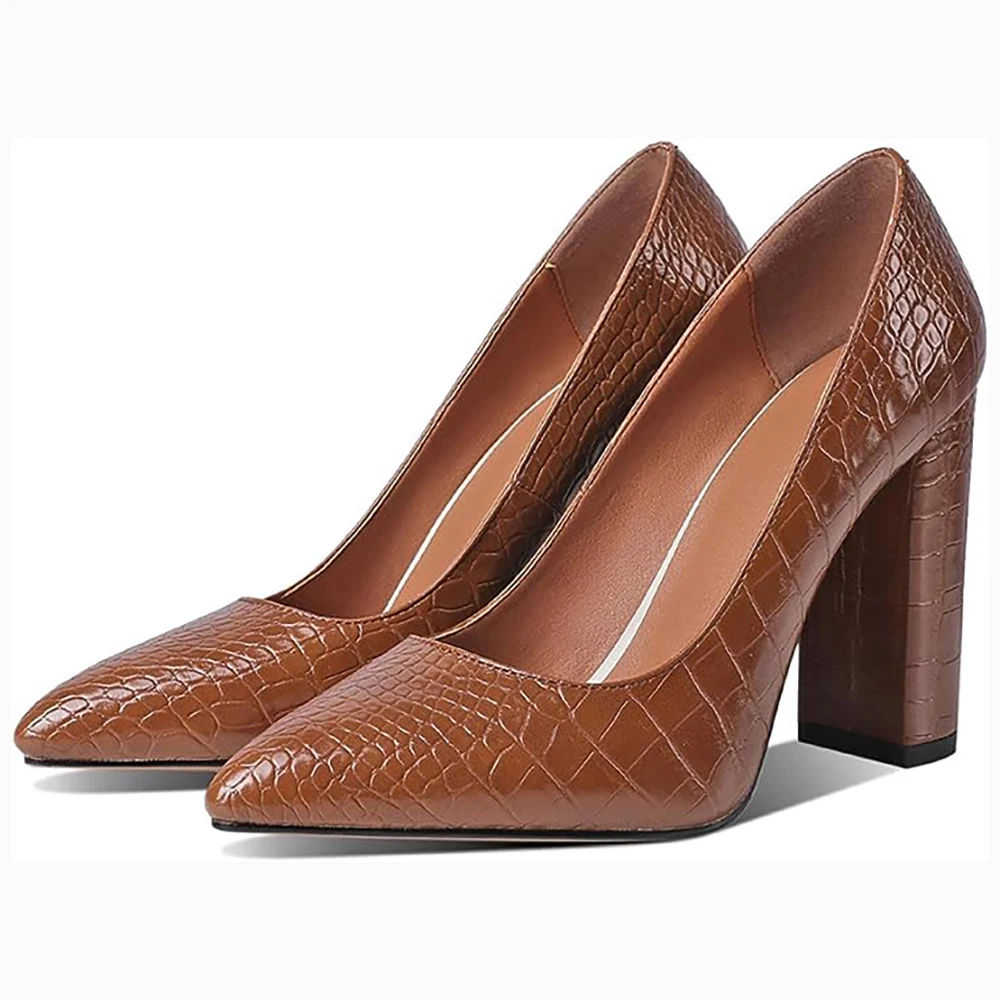 Tan Crocodile Pattern Heels Pumps Thick Heeled Shoes for Women Block Heel Sandals for Women Big Size Women Shoes