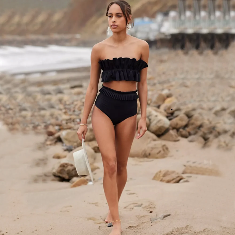 Female Retro Swimwear Strapless Holiday Beachwear Black Designer Bathing Suit Vintage Sumemr Surf Wear