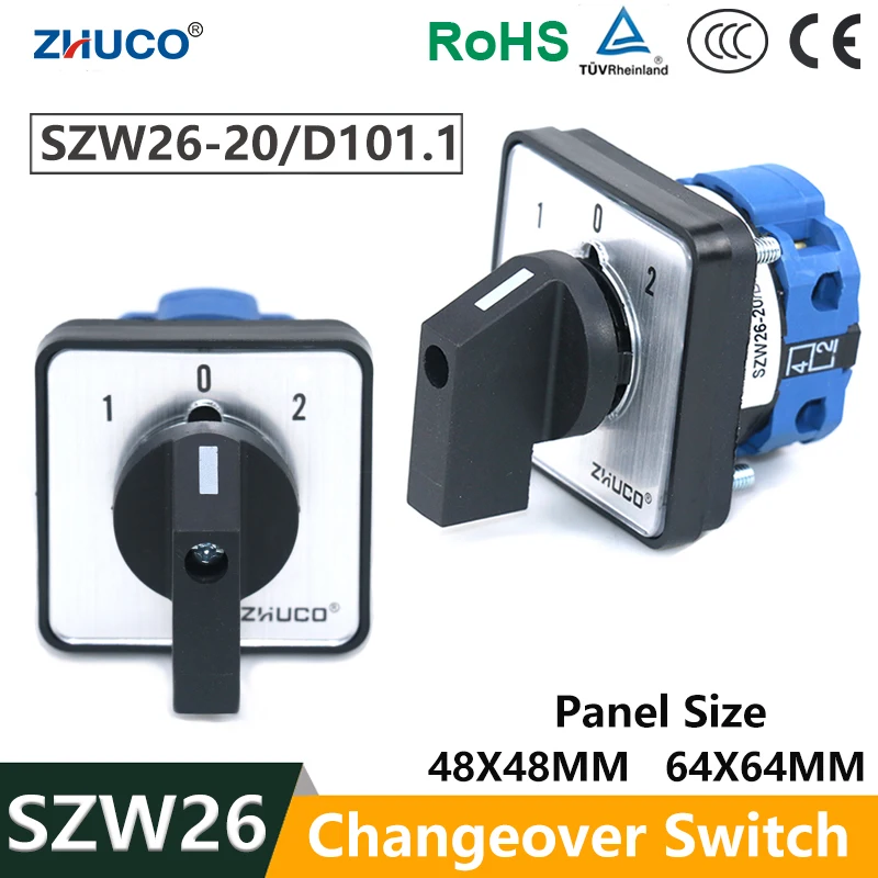 ZHUCO SZW26/LW26-20 20A 660V 1-0-2 One Phase Rotary Universal Changeover Cam Switch 4 Terminals 64X64 48X48 Mm Panel Transfer