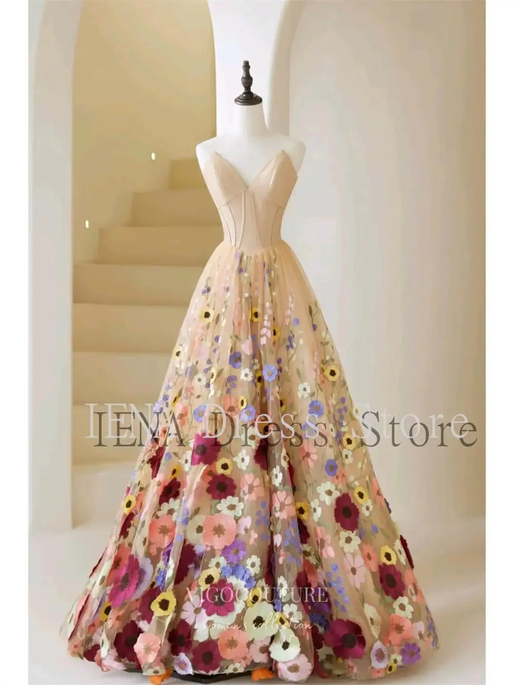 14822 # Fairy Champagne a-line abito da sera 3D Flowers Party Prom Gown Quinceanera con ricamo compleanno 15 Dress Plus Size