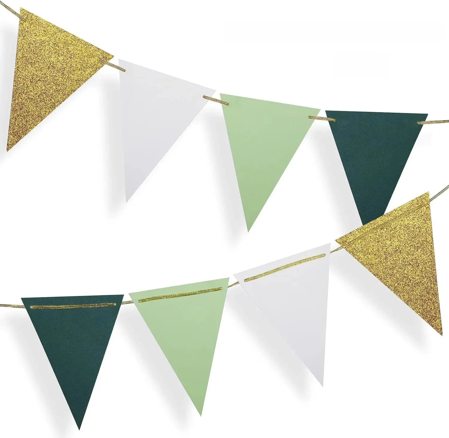 Grands drapeaux triangulaires en papier vert doré (10 pieds), banderole pour verdure, réception-cadeau pour bébé, mariage, crèche, salle de classe, fête d'anniversaire