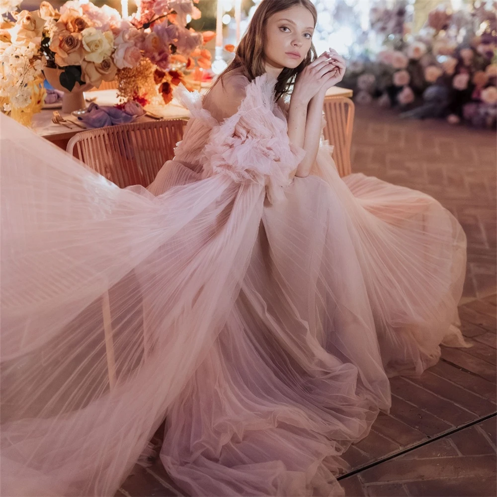 20116 # splendido abito da sposa in Tulle drappeggiato rosa per la sposa 2024 abito da sposa donna con maniche a balze