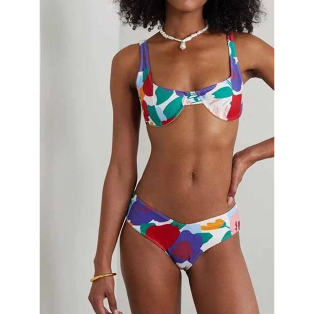 Fato de banho com estampa floral feminino, roupa de praia, natação, micro biquíni, moda verão, 2 peças, 2022