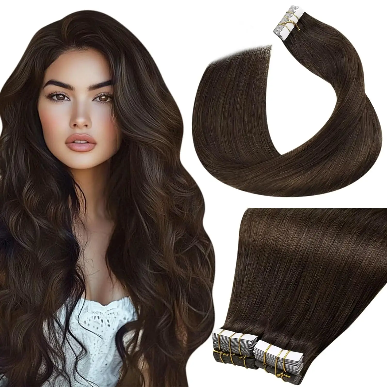 Seamless Skin Weft Tape on Hair Extensions 24 inch #2 Dark Brown  Color 20Pcs 50G Silky Straight Real Remy Human Hair Extensions