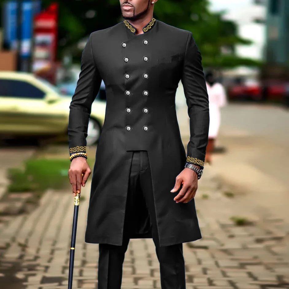 New 2Pc African Traditional O-Neck Outfit Dashiki Muslim Costume For Men Luxury Brand Clothing Full Pant Sets To Dress Kaftan