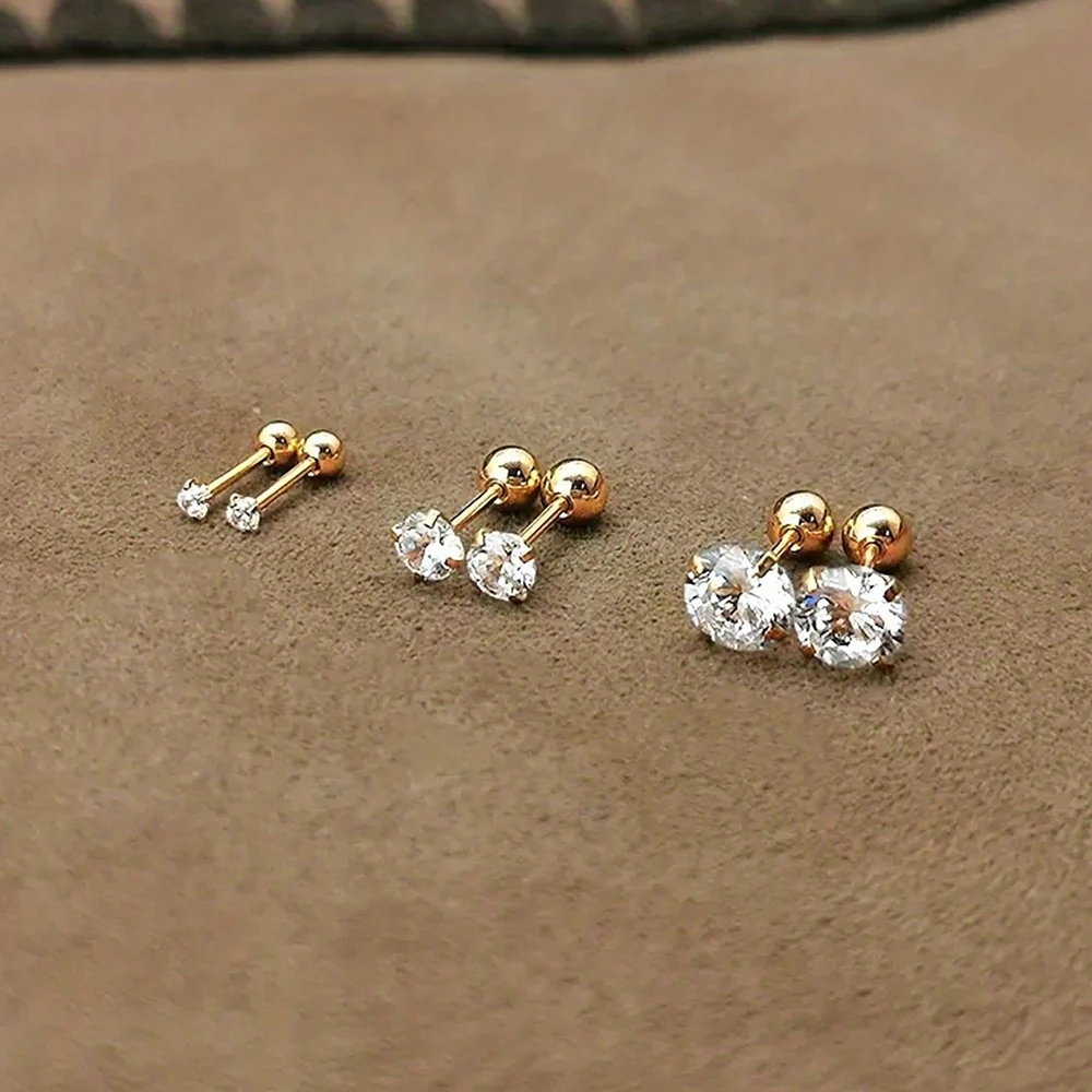3 Pairs Classic Zirconia Stud Earrings For Women CZ Stainless Steel Women Cartilage Tragus Lobe Daith Girls Piercing Jewelry