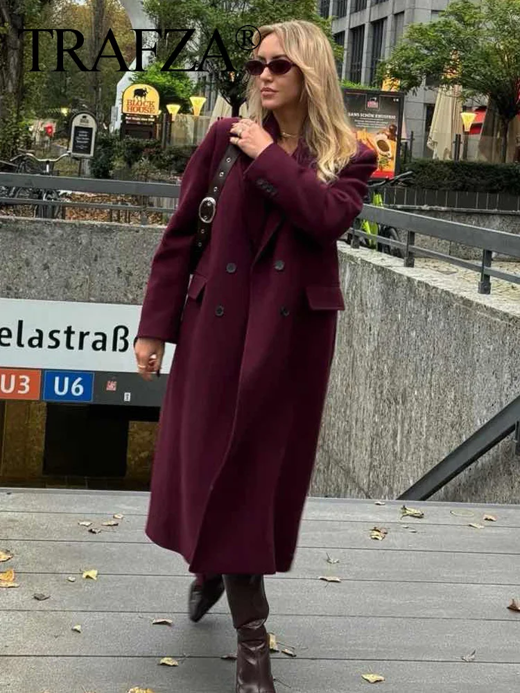 TRAFZA 2024 Elegant Women's Wine Red Woolen Long Coat Long Sleeves Pockets Double Breasted Female Temperament Windbreaker