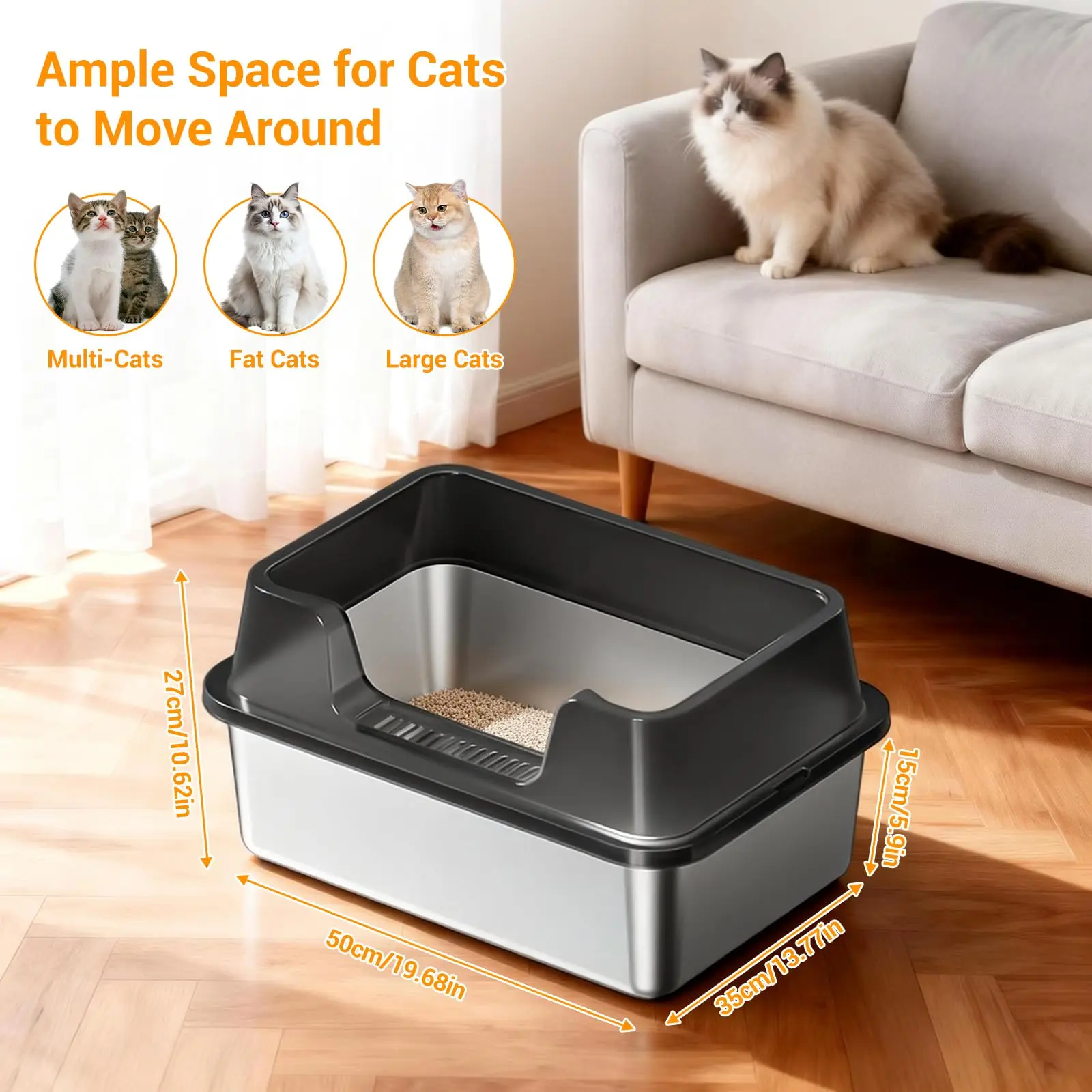 Grande litière semi-fermée en acier inoxydable, facile à nettoyer, toilette pour chat en métal détachable, tapis antidérapant, pelle à litière pour chat, 50x35x27CM, noir