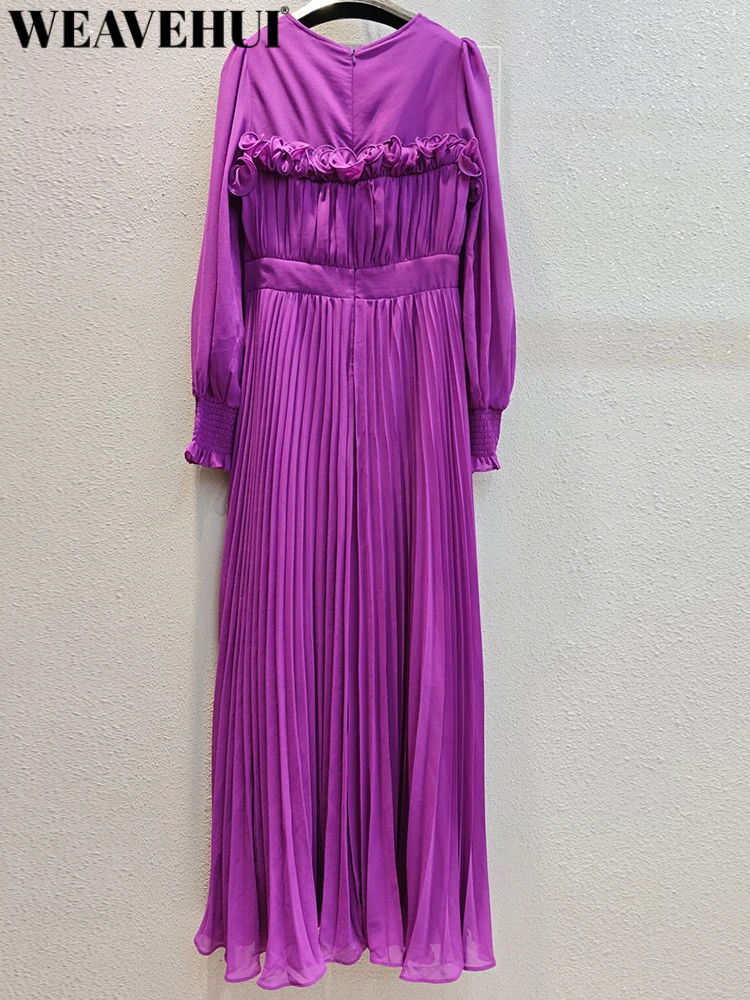 WEAVEHUI Women Solid Classic Style O-Neck Lantern Sleeve Draped Lotus leaf Lace Spring Summer new model Dresses