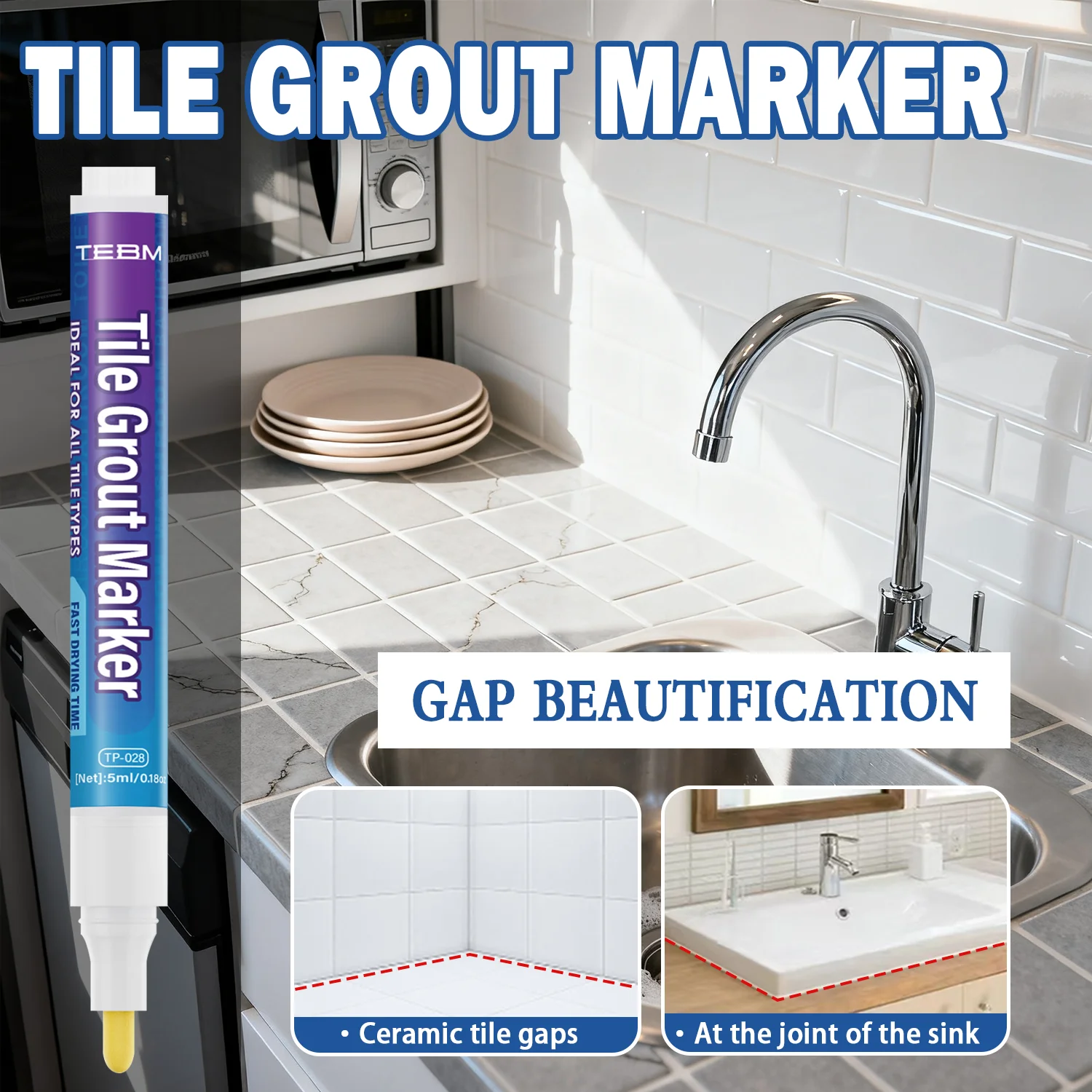 5ML Tile Grout Paint Pen Waterproof Mildew Proof White Tile Paint Marker Tile Repair Beauty Pen for Walls Floors Tile Gaps