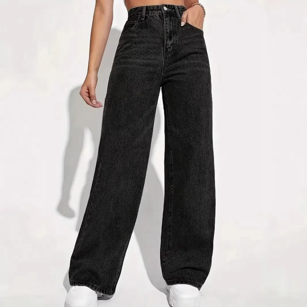 Washed Straight Leg Jeans Mid Waist with Wrinkle Finish No Stretch Full Length Button Fly Daily Summer Men Jeans