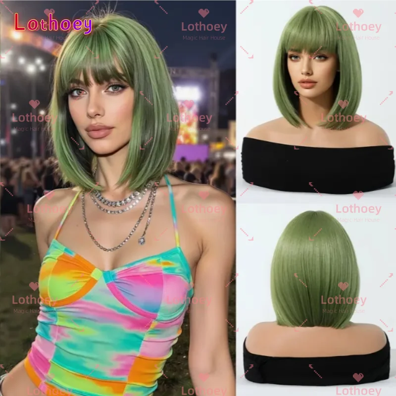 Parrucca Humen Hair con frangia dritta verde, per la vita quotidiana, feste, festival musicali, concerti, ecc