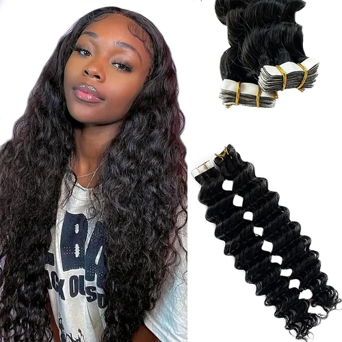 Cinta ondulada de agua en extensión de cabello humano, cinta adhesiva brasileña para cabello humano, trama de piel, cinta rizada profunda Ins 20 40 unids/set