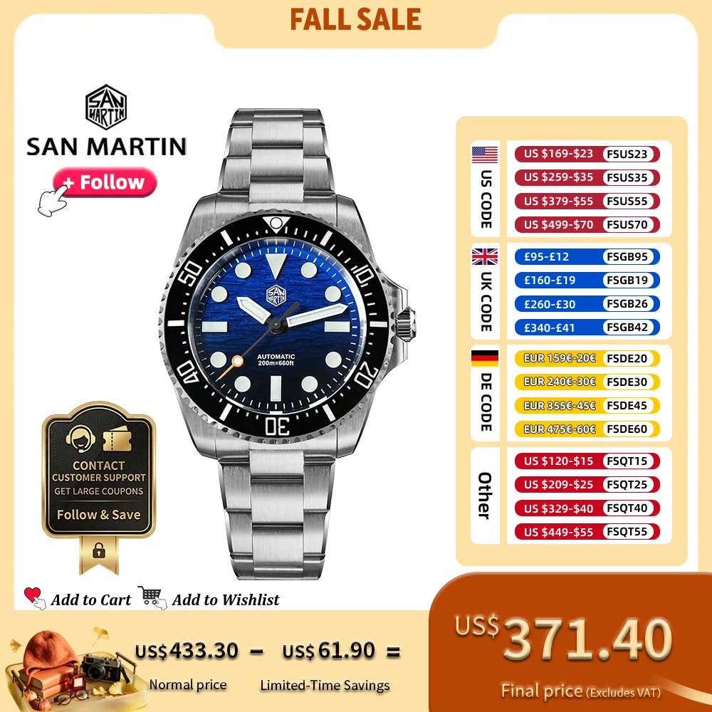 San Martin SN0126 38mm Luxury Men Dive Watch Miyota 90S5 Automatic Gradient Blue Wave Dial BGW-X1 Lume OTF Adjust Bracelet 20ATM