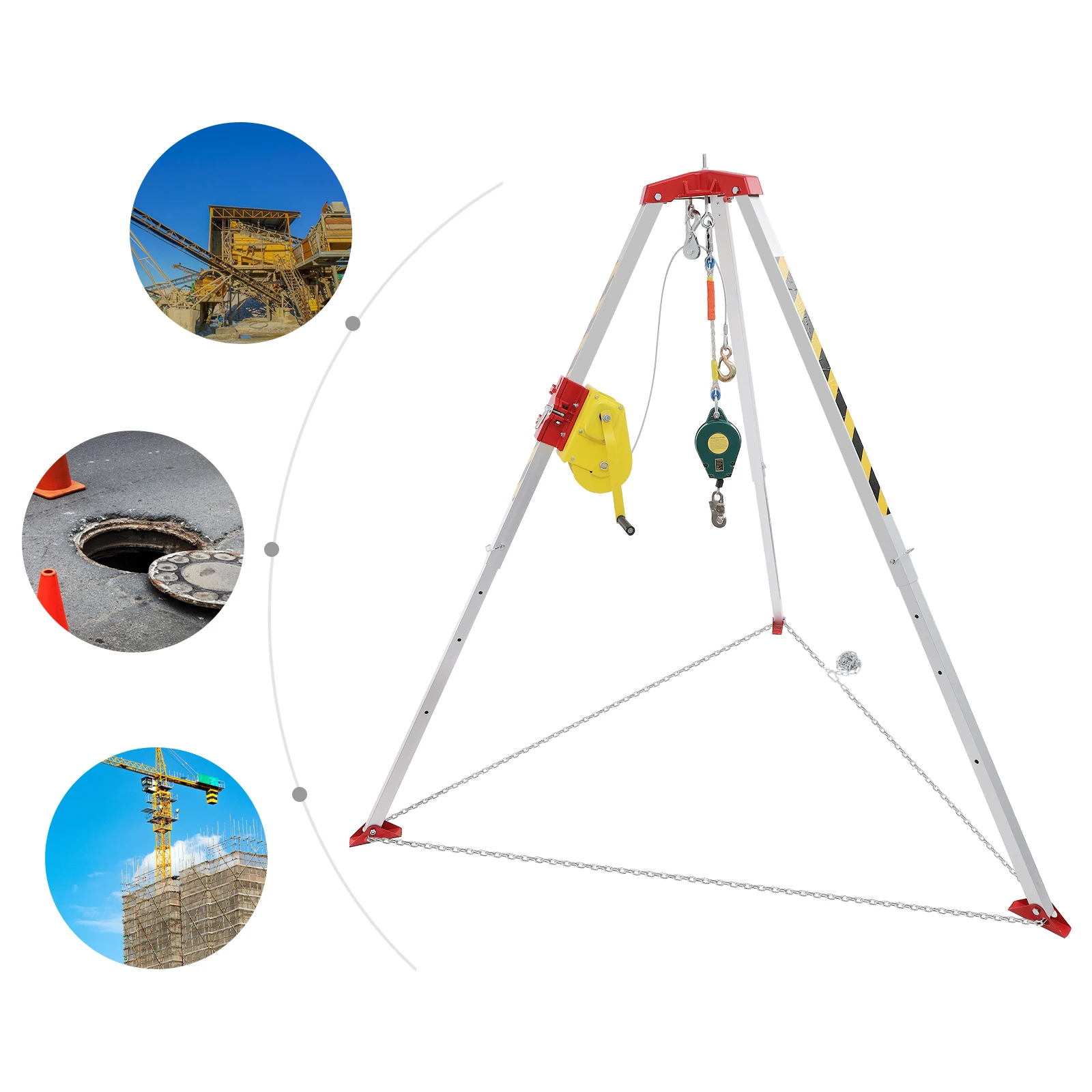 Confined Space Tripod Kit, Rescue Tripod with Fall Arrester & Self-Locking, 2600 lbs Winch Sewer Rescue Tripod, 5.2-8ft Working Height, for Road Construction, Power Engineering