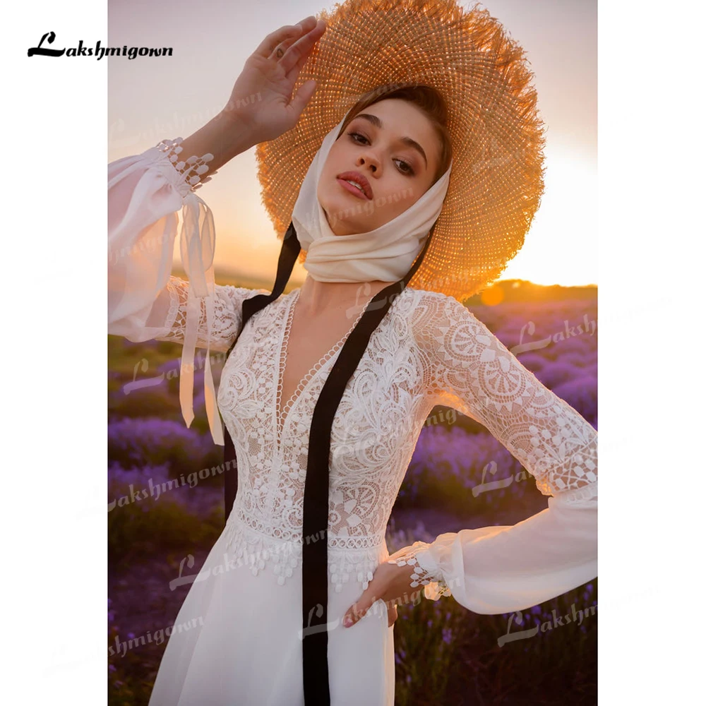 Lakshmigown Boho V Neck Puff Sleeve Back Button Chiffon A Line Suknia Ślubna Dla Kobiet Spersonalizowane Suknie Ślubne vestidos de novia