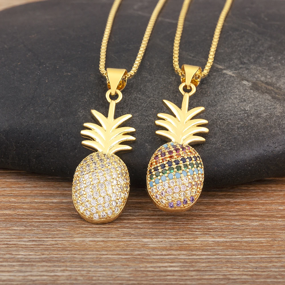 Nidin New Trendy Pineapple Shape Pave Colorful Zircon Pendant Necklace Girl Birthday Party Chain Jewelry Accessories Daily Gifts