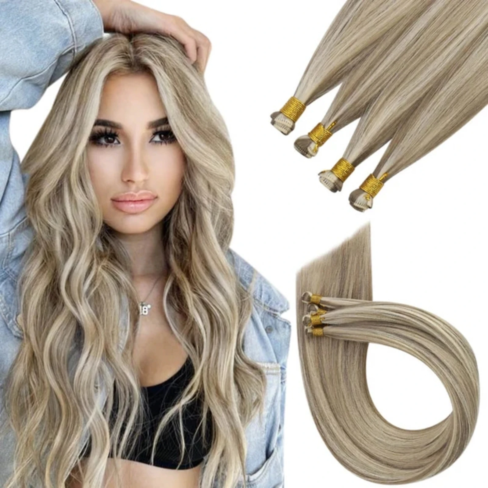 Full Shine Hand Tied Weft Hair Extensions Handmade Hair Bundles Piano Color Natural Virgin Human Hair