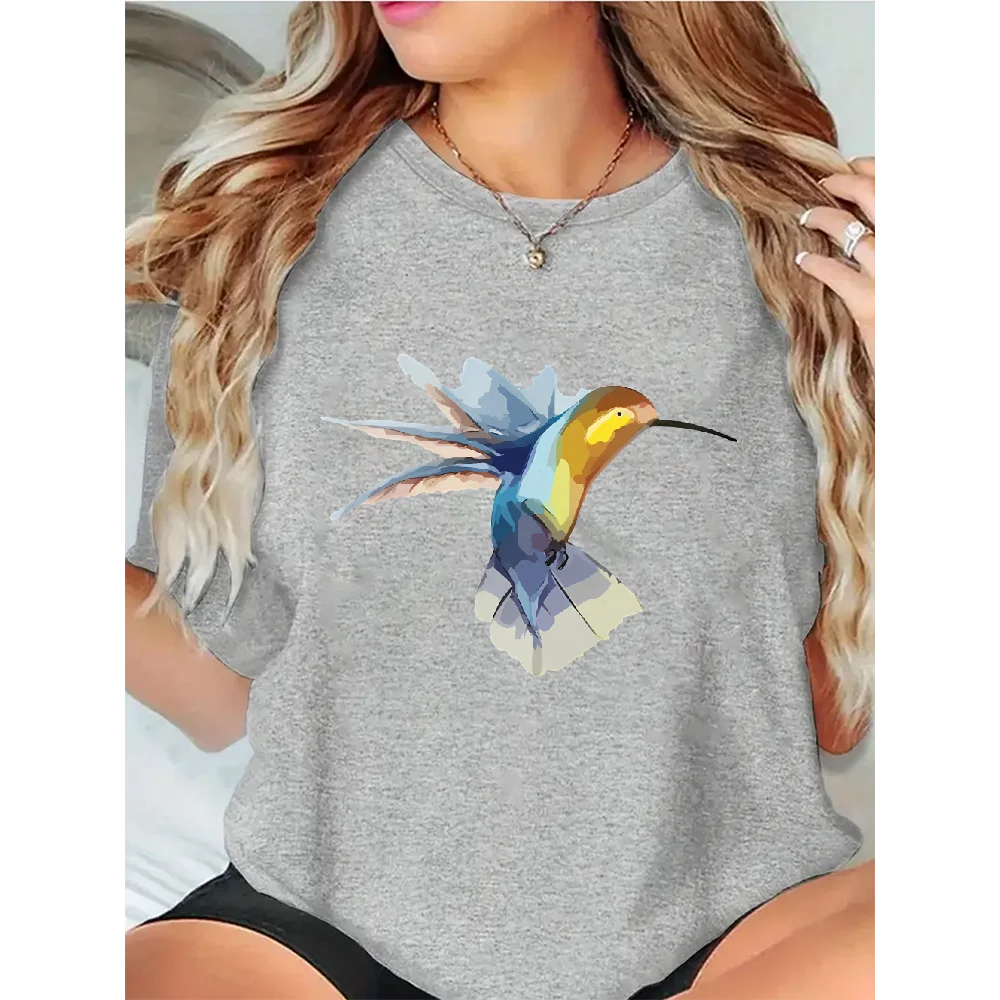 ملابس قطنية بأكمام قصيرة ورقبة دائرية Y2k تي شيرت جرافيك عتيق ملابس الشارع ملابس نسائية مع ملابس علوية غير رسمية على شكل طائر ملون