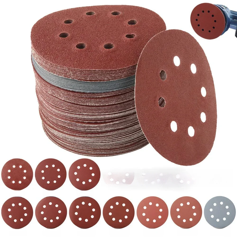 100 sztuk 125mm papier ścierny okrągły kształt tarcze szlifierskie haczyk pętla papier ścierny arkusz polerski papier ścierny 8 otworów szlifierka nakładka polerska — zdjęcie 2