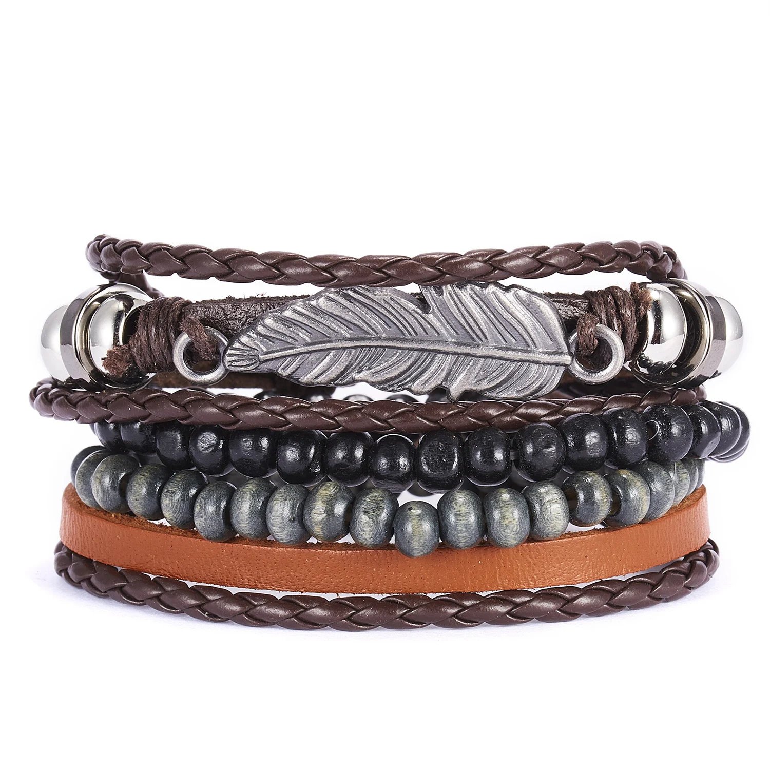 Conjunto de pulseras de cuero de múltiples capas Vintage para mujeres y hombres, pulsera trenzada hecha a mano con plumas de hoja, accesorios de